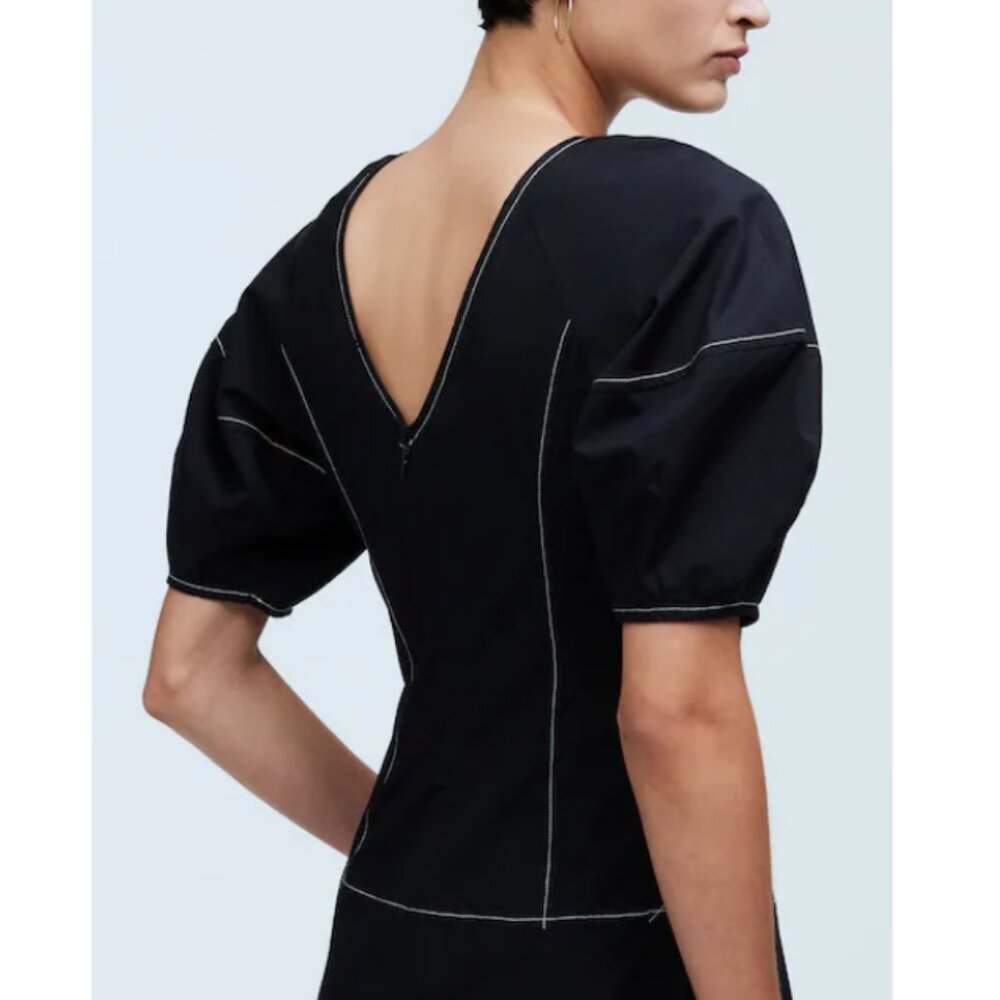 Madewell Black Puff-Sleeve Midi Dress with Contrast Stitching - Picture 5 of 9